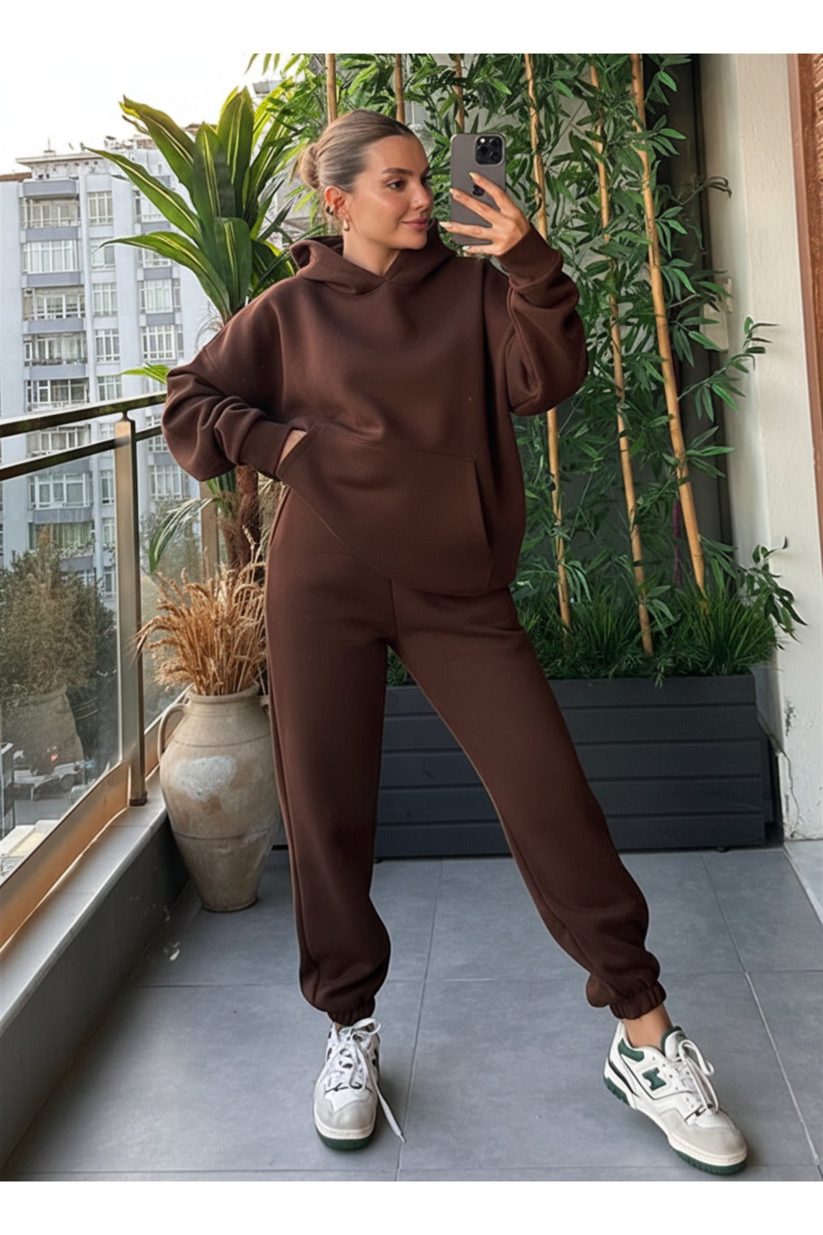 Kadin Kalin Comfort Sweatshi̇rt Yüksek Bel Eşofman Takimi - Kahverengi - 2