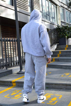 Erkek Yesterday Baskılı Oversize Kışlık Kanguru Cep Kapşonlu Jogger Eşofman Takımı - Gri - 3