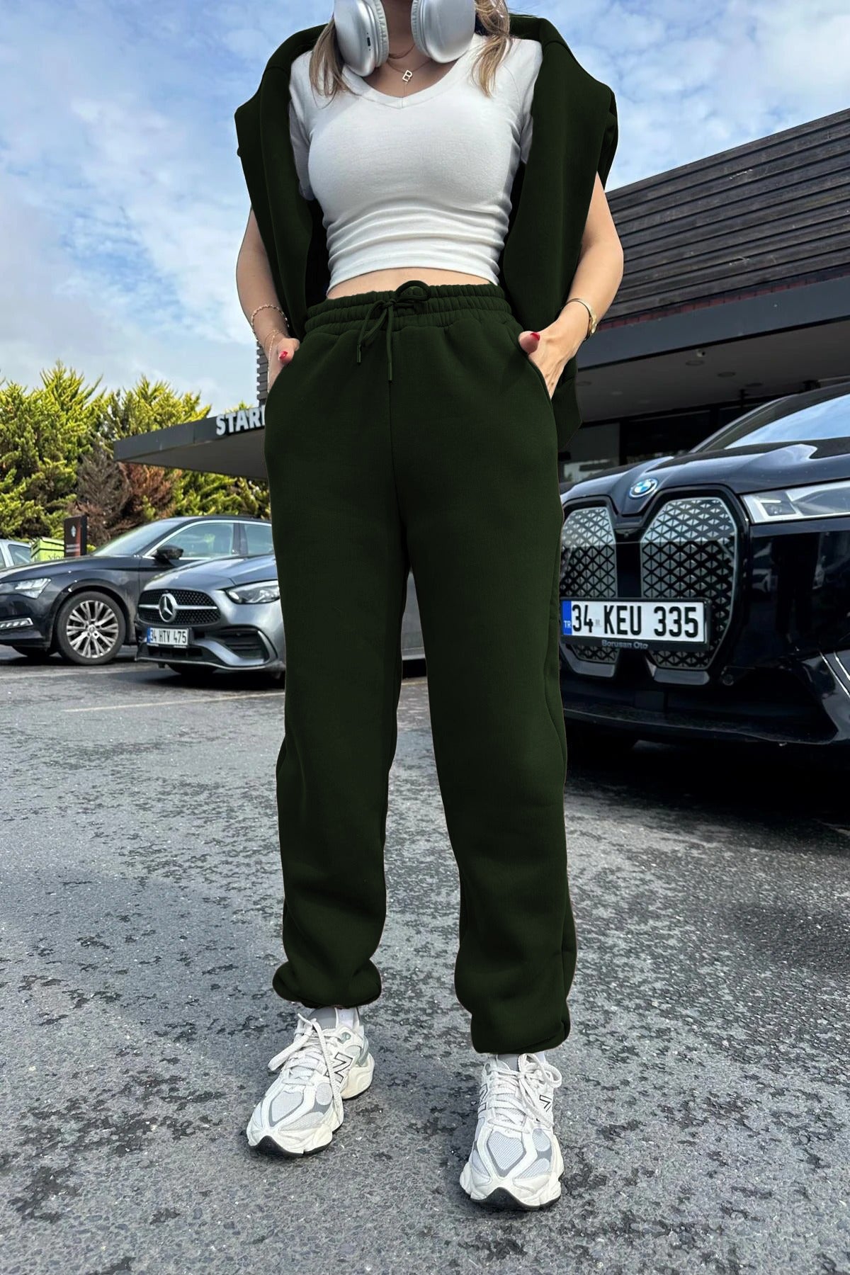 Kadin 3 İ̇pli̇k Şardonlu Yüksek Bel Paçasi Lasti̇kli̇ Jogger Eşofman Alti - Koyu Yeşil - 4