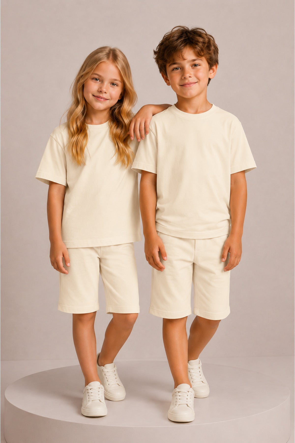 Çocuk Kısa Kollu Baskısız Basic Oversıze Geniş Kalıp Beli Bağlamalı Esnek 1-10 Yaş Arası Yaz Sezonu Sportif T-shirt / Şort Takım - Bej - 1