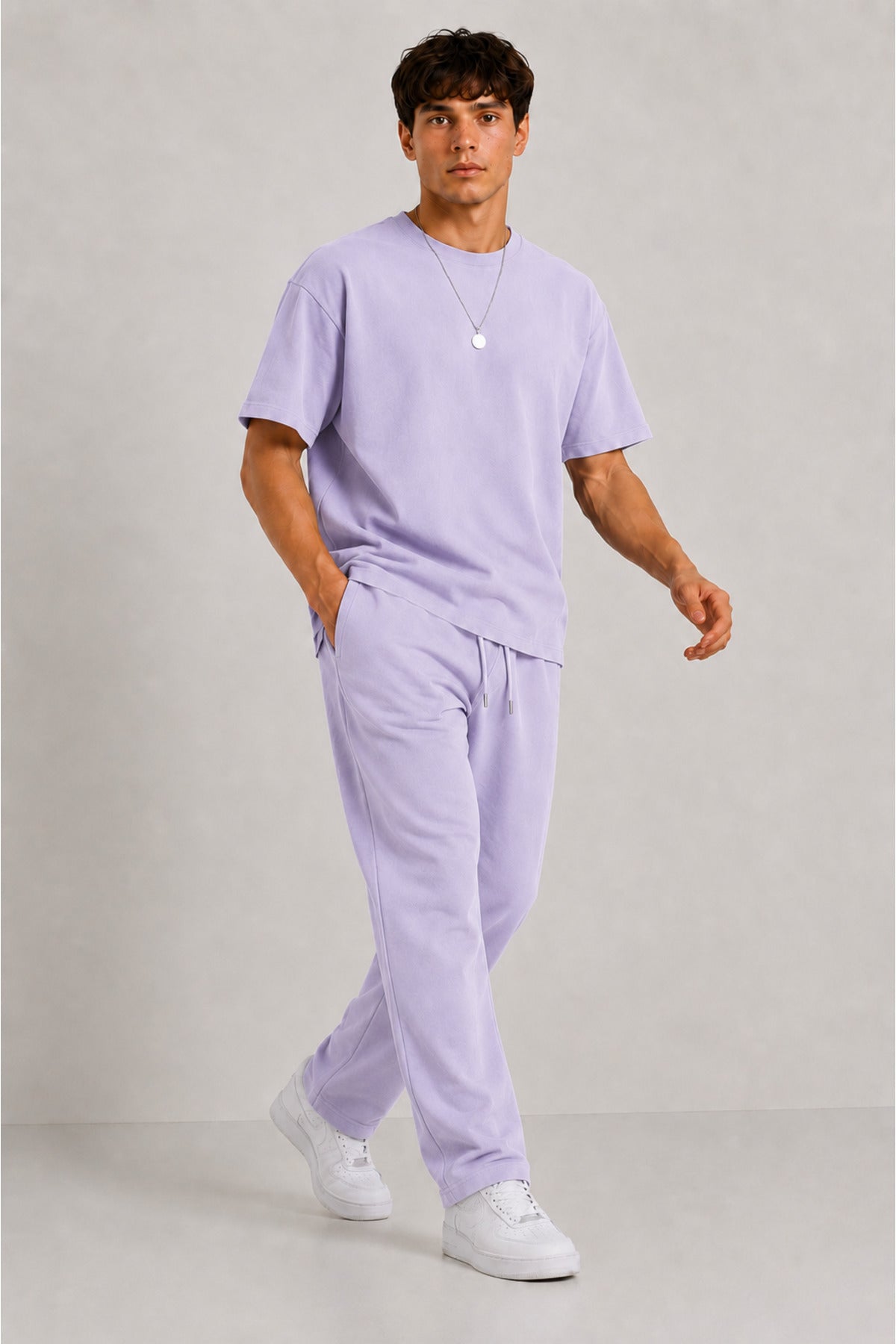 Erkek 2 İ̇plik Oversize Basic Bisiklet Yaka Rahat Kalıp Günlük Eşofman Takımı - Lila - 1