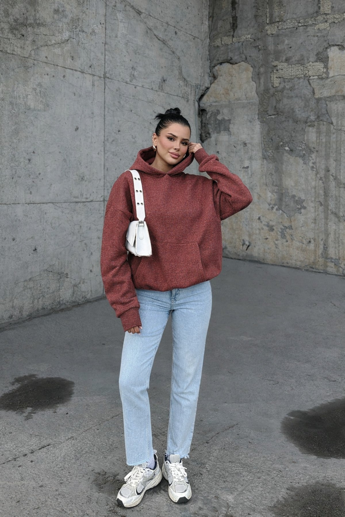 Kadin Mürdüm Melanj 3 İ̇pli̇k Oversi̇ze Rahat Günlük Yumuşak Kapüşonlu Sweatshirt - Mürdüm Melanj - 2