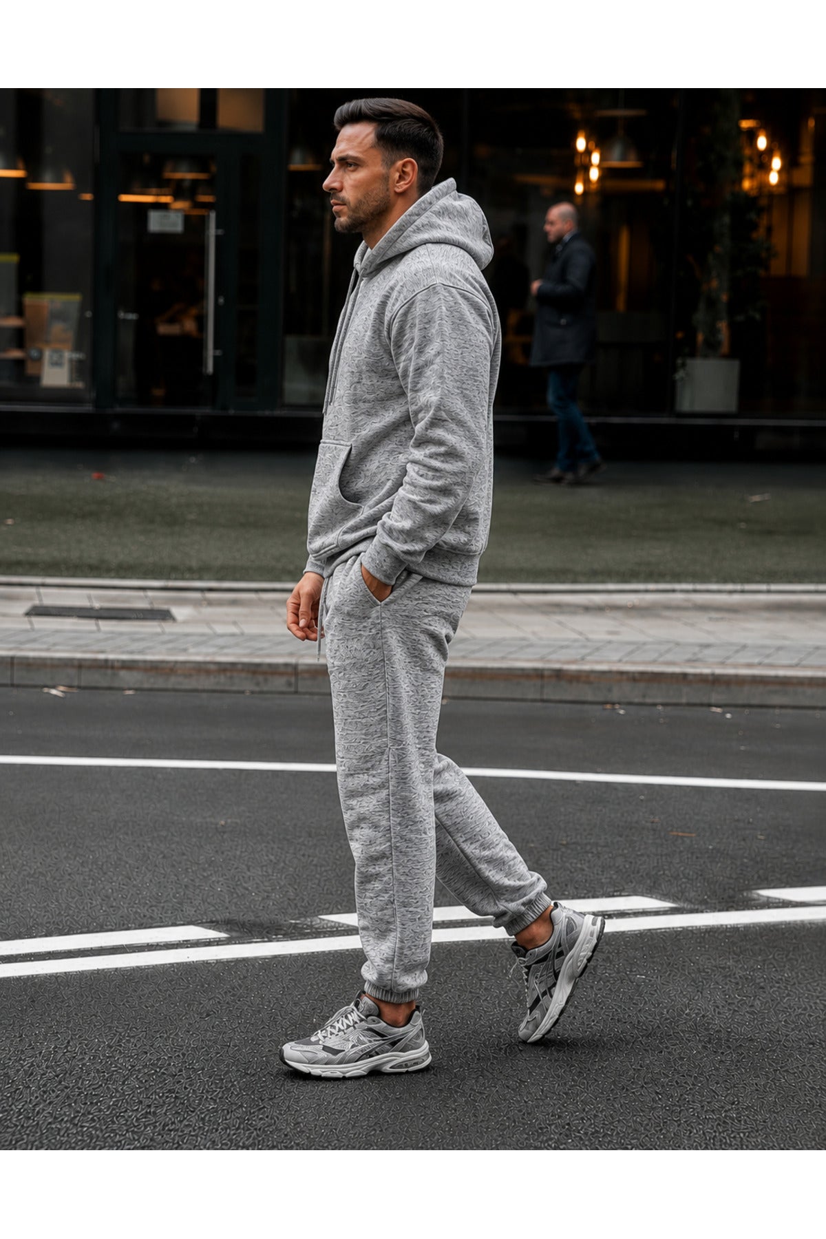 Erkek 3 İ̇pli̇k Kapüşonlu Jogger Lasti̇k Paça Eşofman Takimi - Gri Melanj - 3