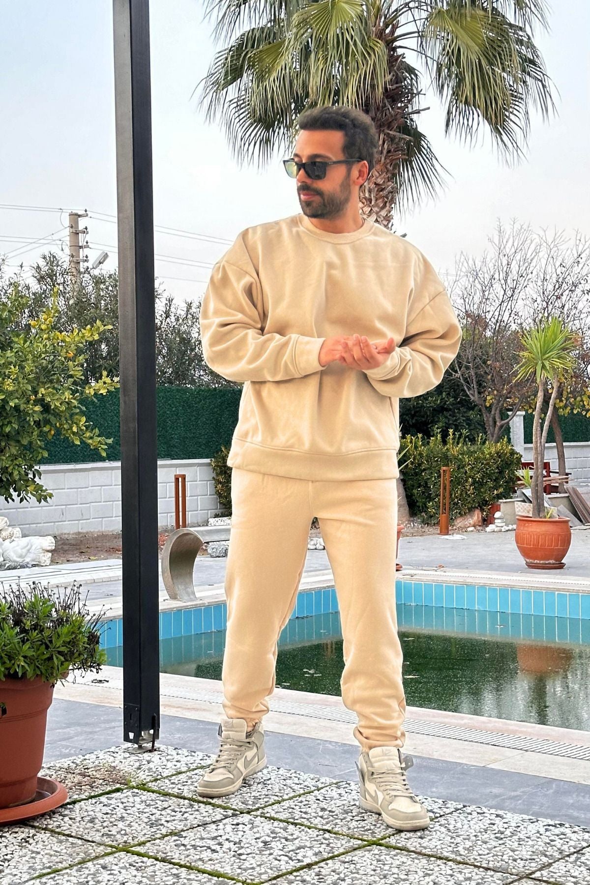 Erkek Unisex 3 İ̇plik Mi̇nk Takim Bisiklet Yaka Sweatshirt Ve Eşofman Altı - Vizon - 3