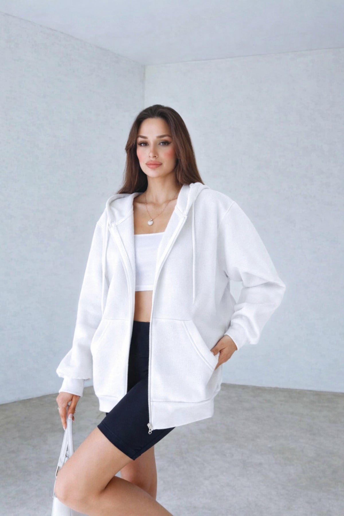 Kadın 3 İ̇plik Oversize Kapüşonlu Fermuarlı Hırka Sweatshirt - Beyaz - 1