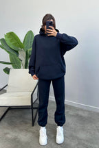 Kadın Oversize Trend Model Kanguru Cep Kapşonlu Sweatshirt Eşofman Takımı - Lacivert - 2