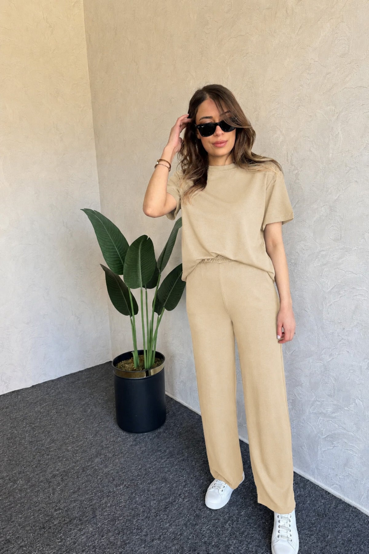 Modal Kumaş Kısa Kollu T-shirt & Pantolon Takımı - Vizon - 2