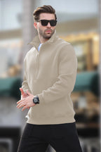 Erkek Yarım Fermuarlı Dik Yaka Oversize 3 İ̇plik Şardonlu Sweatshirt - Bej - 3