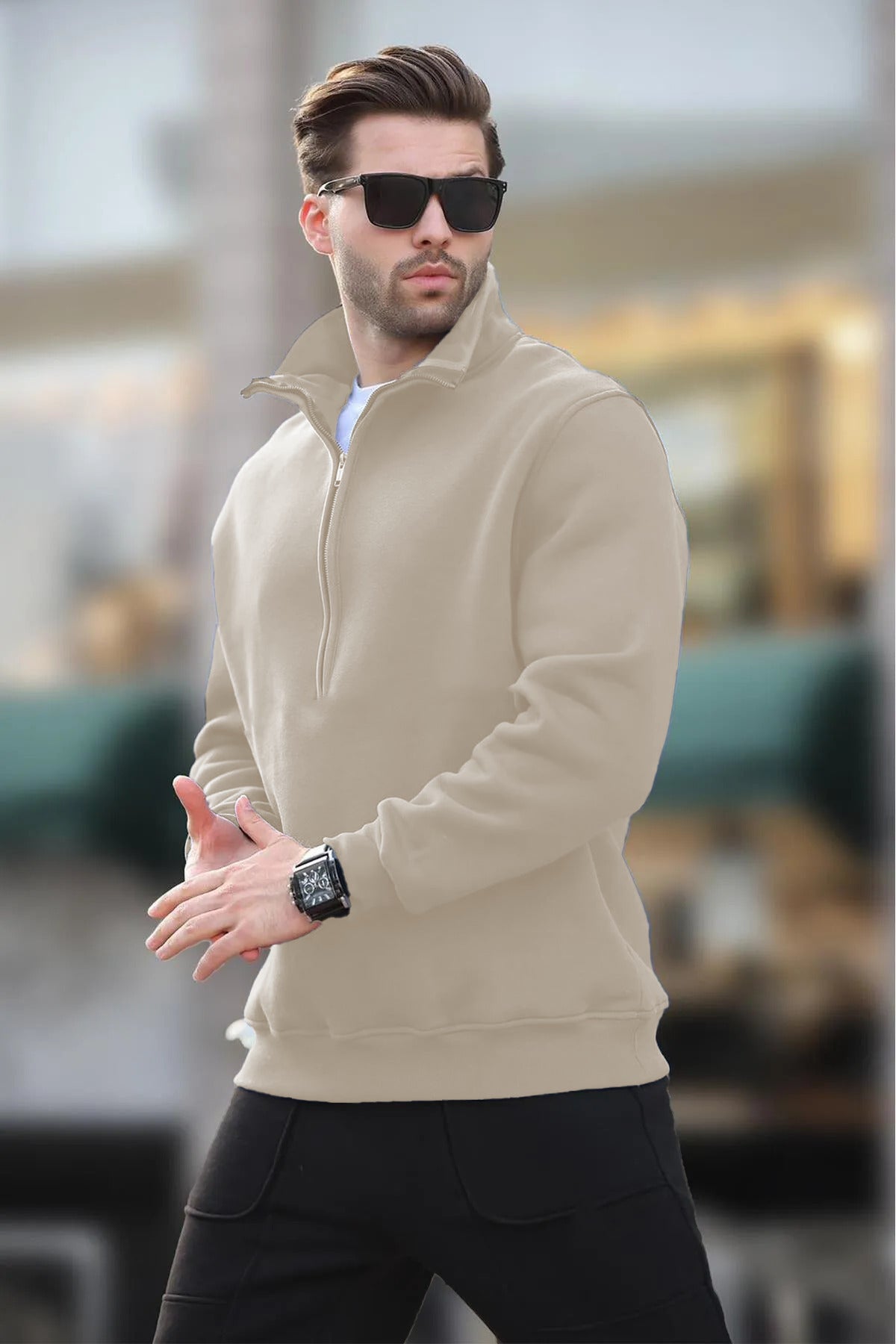 Erkek Yarım Fermuarlı Dik Yaka Oversize 3 İ̇plik Şardonlu Sweatshirt - Bej - 3