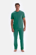 Erkek Yeşi̇l T-shirt Alt Üst Penye Pijama Takımı - Yeşil - 4