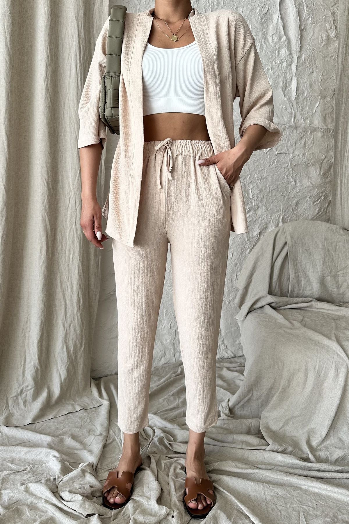 Kadın Dökümlü Bürümcük Yazlık Palazzo Kimono Takım - Bej - 2