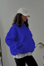 Kadın Kapşonlu Kalın Kanguru Cepli Sweatshirt - Saks Mavisi - 4