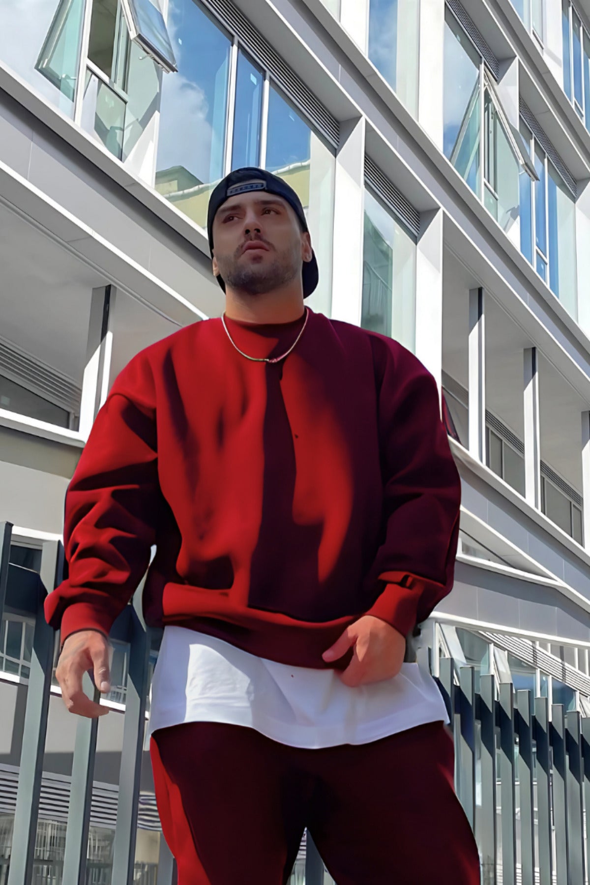 Erkek Oversize 3 İ̇plik İ̇çi Pamuklu Uzun Kollu Bisiklet Yaka Kazak - Bordo - 1