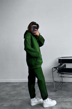 Kadın Oversize Trend Model Kanguru Cep Kapşonlu Sweatshirt Eşofman Takımı - Koyu Yeşil - 3