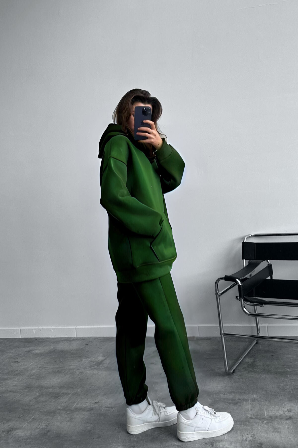 Kadın Oversize Trend Model Kanguru Cep Kapşonlu Sweatshirt Eşofman Takımı - Koyu Yeşil - 3