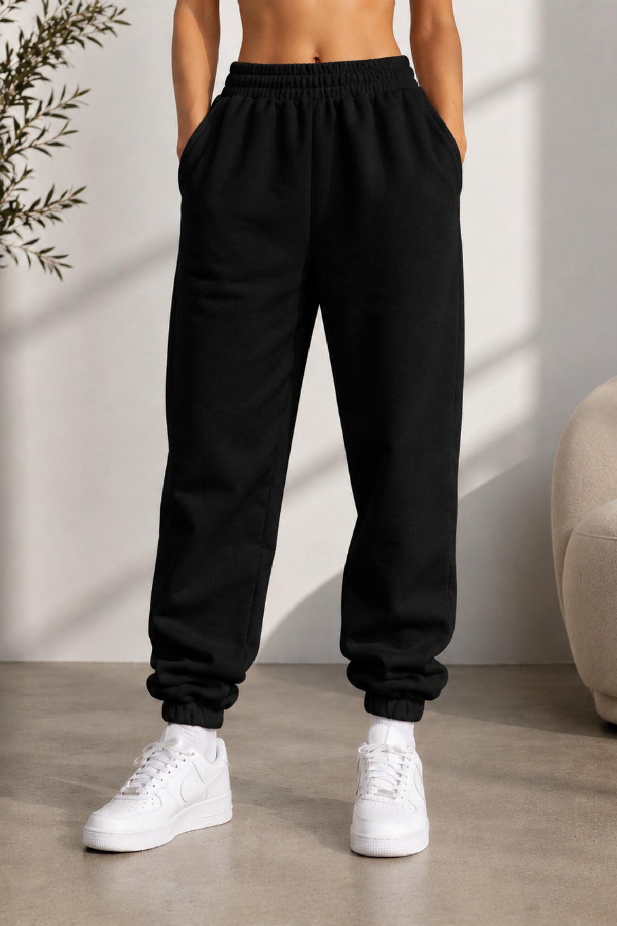 Kadın Paçası Lastikli Günlük Oversize Basic Jogger Eşofman Altı - Siyah - 1