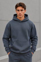 Erkek Oversize Kapüşonlu Sweatshirt Basic Hoodie Cepli - Füme - 4