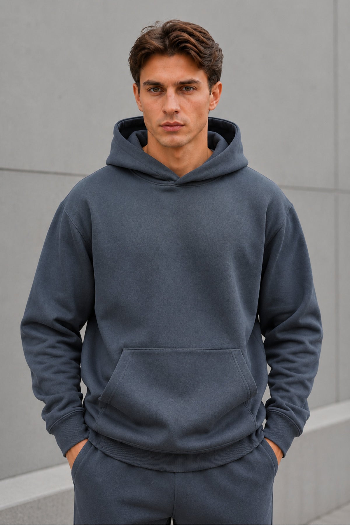 Erkek Oversize Kapüşonlu Sweatshirt Basic Hoodie Cepli - Füme - 4