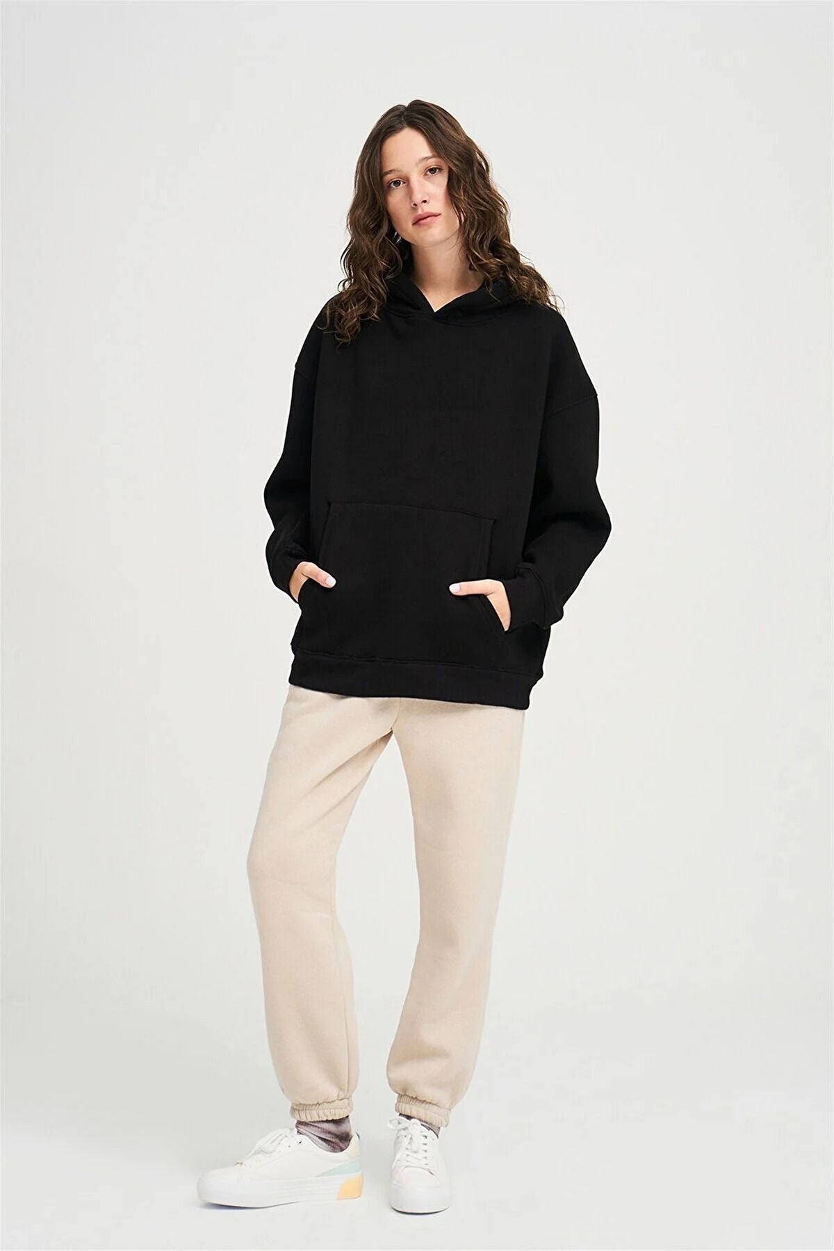 Unisex Düz Renkli Oversize Kapşonlu Hoodie Pamuklu Siyah Sweatshirt - Siyah - 3