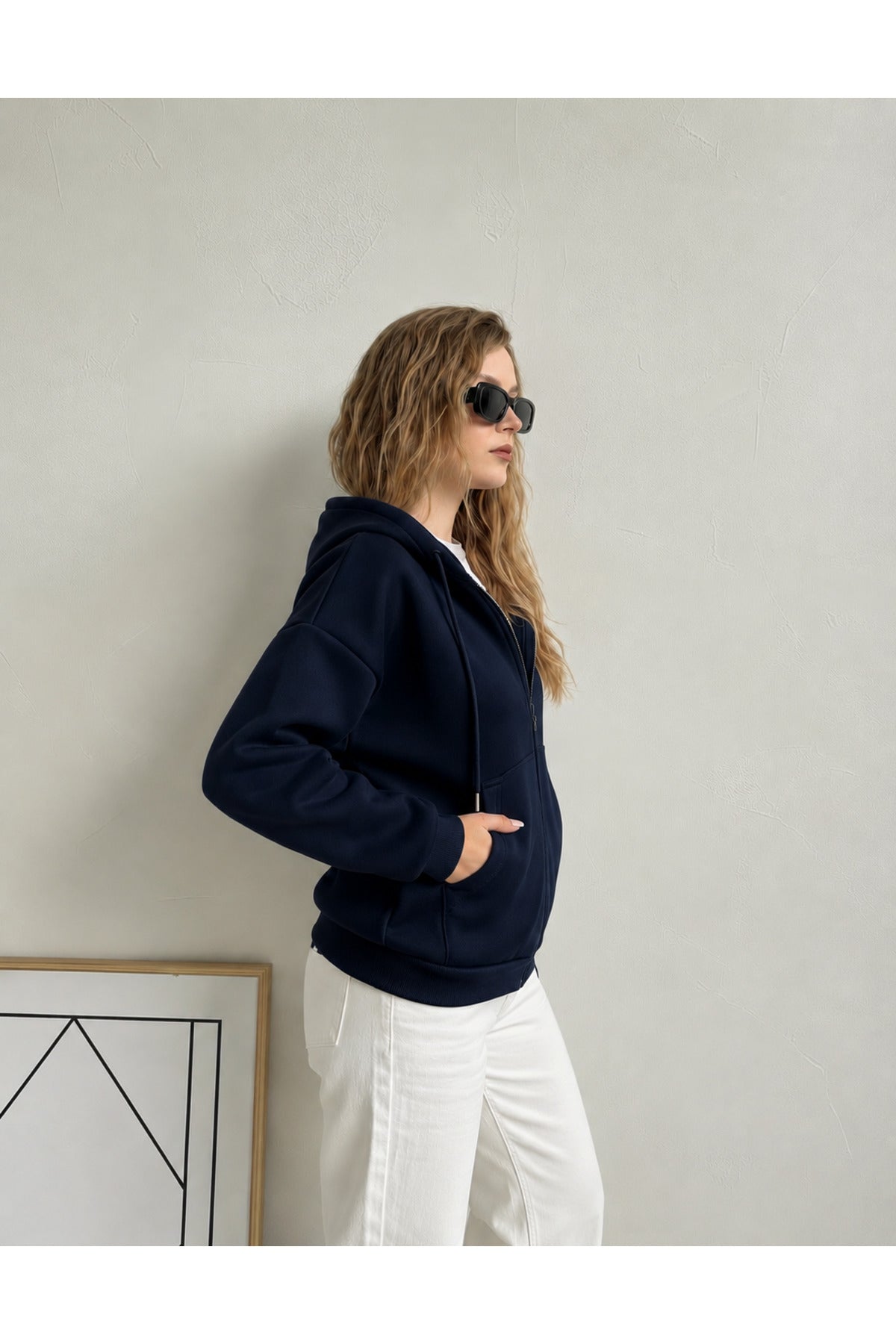Kadin 3 İ̇pli̇k Kapüşonlu Fermuarli Oversi̇ze Sweatshirt Hirka - Lacivert - 2