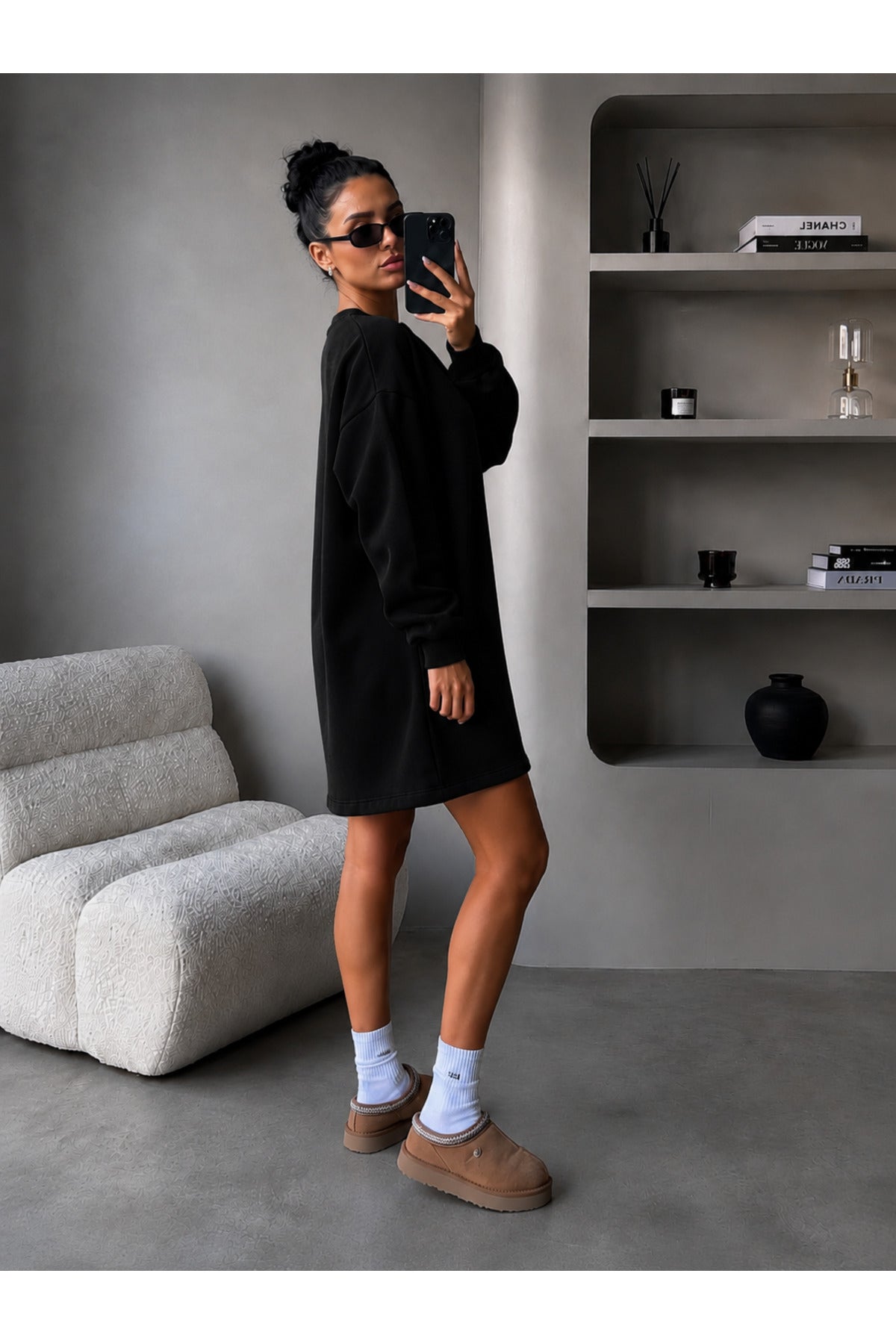 Kadin 3 İ̇pli̇k Yeni̇ Uzun Kollu Bi̇si̇klet Yaka Rahat Sweatshirt Elbi̇se - Siyah - 2