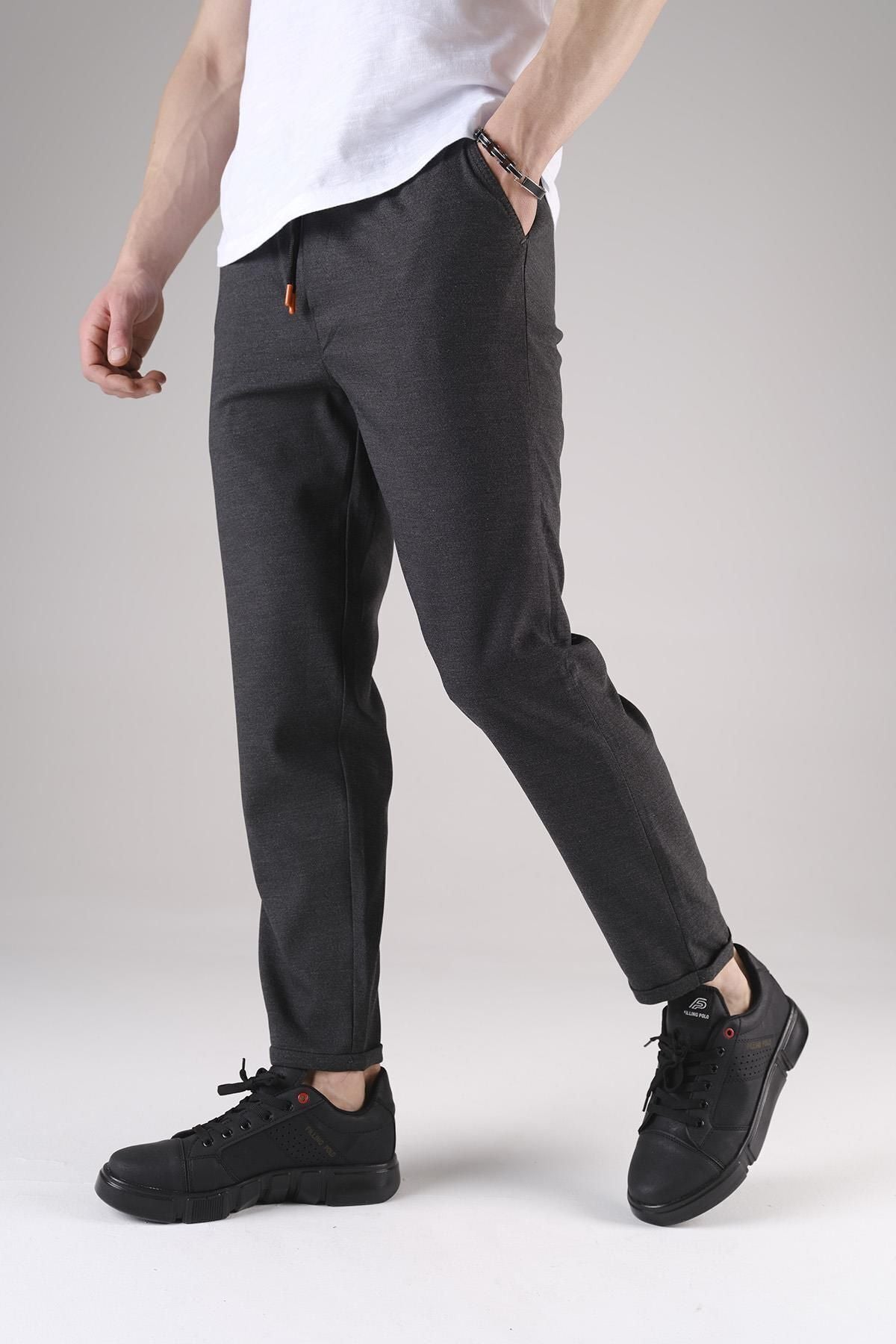 Erkek Beli Lastikli Likralı Duble Premium Jogger Kumaş Pantolon - Füme - 3
