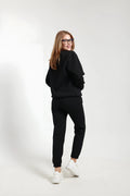 Sweatshirt Jogger Beli Ve Paçası Lastikli Kadın 3 İplik Eşofman Takımı Pamuklu - Siyah - 1